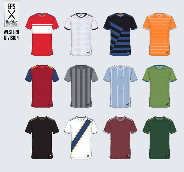 サッカーのジャージやサッカーのキット、ショート パンツ、靴下、サッカー クラブのデザイン テンプレート。スポーツ t シャツをモックアップします。前面と背面は、サッカー制服を表示します。青いラベルにフラット サッカーのロゴ設計。ベクトル図. - ベクター画像