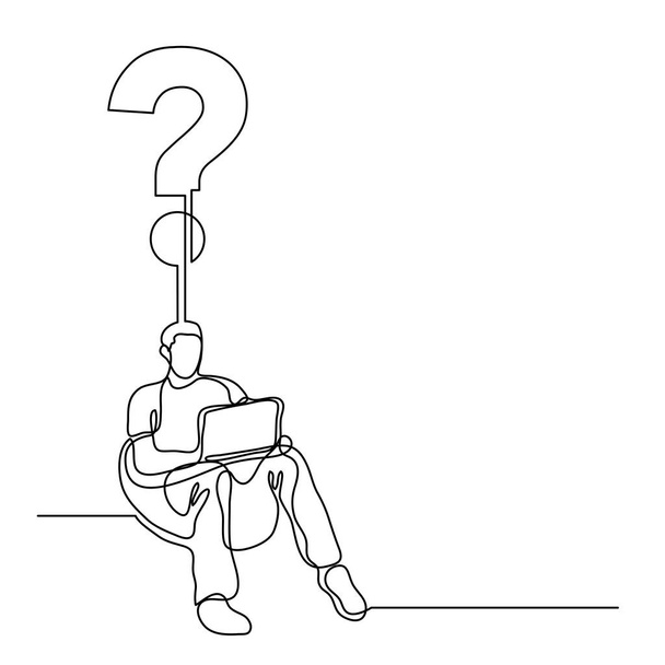 continuous line drawing of man sitting with laptop computer creating a question - Vektör, Görsel