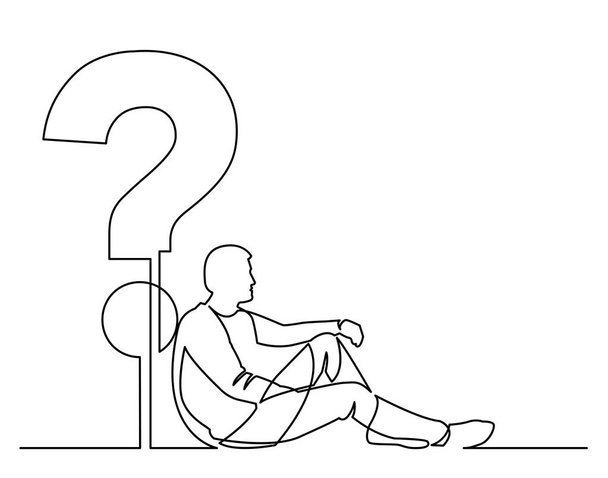 continuous line drawing of sitting man with some question - Vettoriali, immagini