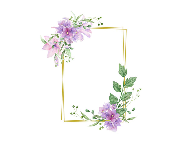 Floral frame with pink roses and decorative leaves. Watercolor Invitation design. Background to save the date. Greeting cards with pink flowers gold polygonal frame - 写真・画像