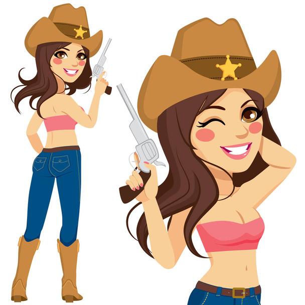 Beautiful brunette cowgirl with sexy tube top and blue jeans holding gun on hand - Vector, imagen
