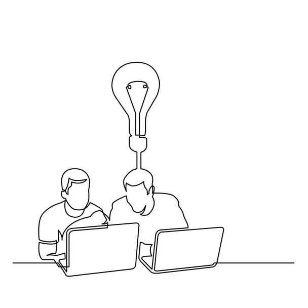 continuous line drawing of two men sitting with laptop computers talking about idea - Vecteur, image
