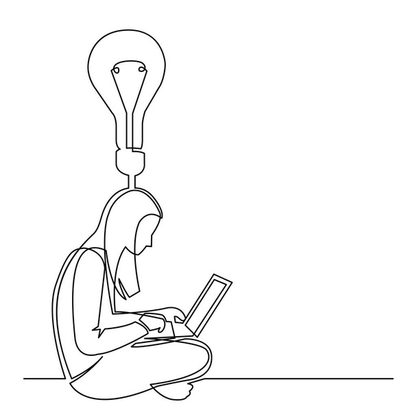 continuous line drawing of woman sitting with computer laptop working on idea - Vecteur, image