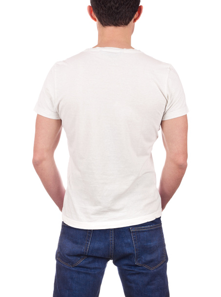 vista posteriore del giovane che indossa bianco bianco t-shirt isolato su sfondo bianco
 - Foto, immagini