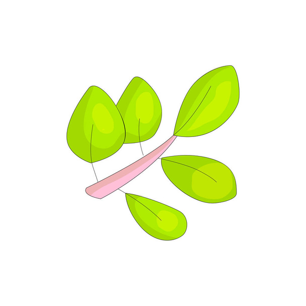 Pink branch icon with cartoon green leaves. Green cartooning leaves, positive spring colors. Cartoon leaf. Funny icon branch green leaves. - Διάνυσμα, εικόνα