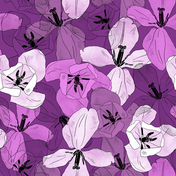 Tulips seamless pattern. Mixed media pattern for textiles, fabrics, prints, souvenirs, packaging and greeting cards. - Foto, afbeelding