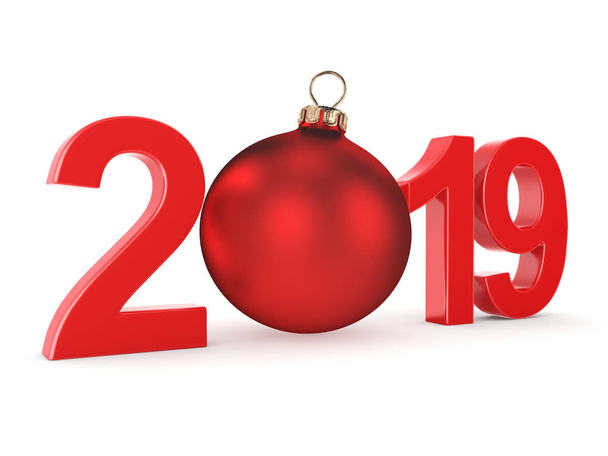 3D rendering 2019 New Year red digits with a red christmas ball - Foto, Imagen