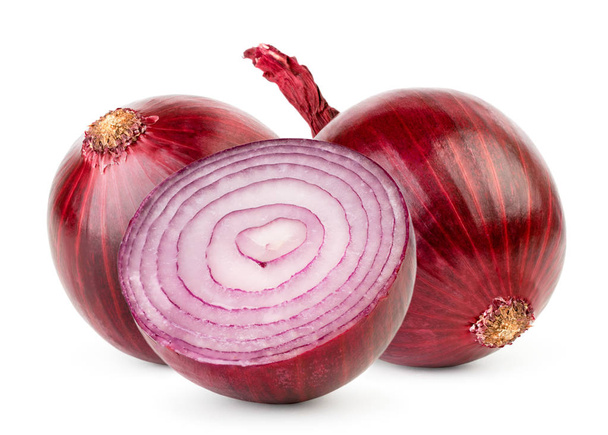 Two red onions and half close up on a white. Isolated. - Photo, Image