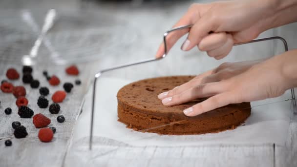 chef-kok snijden chocoladetaart lagen en ze stapelen. - Video