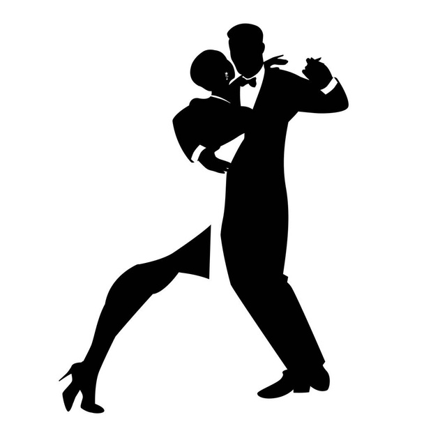 Silhouettes of elegant couple dancing romantic dance isolated on white background - Vector, Image