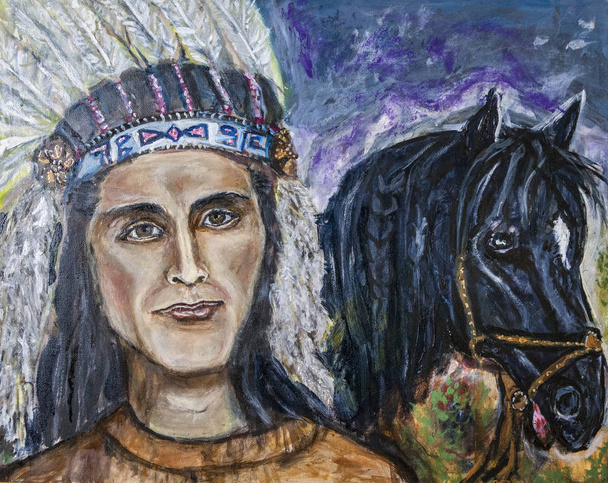 Indián s černým koněm olejomalba - Fotografie, Obrázek