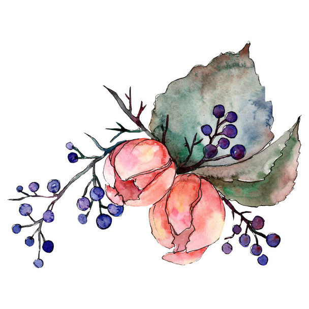rosa Blütenstrauß mit grünen Blättern. isolierte Strauß Illustrationselement. Aquarell Hintergrund Illustration Set. - Foto, Bild