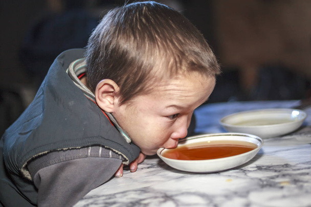 Çocuk çay içiyor bir daire, bir sakini tundra, Far North yerli sakinleri, - Fotoğraf, Görsel