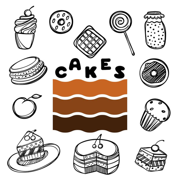 Cute hand drawn poster for cafe with sketch style cakes. Cartoon illustration. - Vector, Imagen