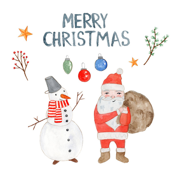 Watercolor Christmas card with Santa and snowman - Фото, изображение
