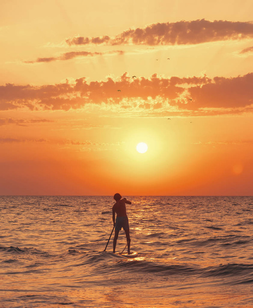 Young man paddling on a SUP board in the sea at sunset, rear view. - Foto, imagen