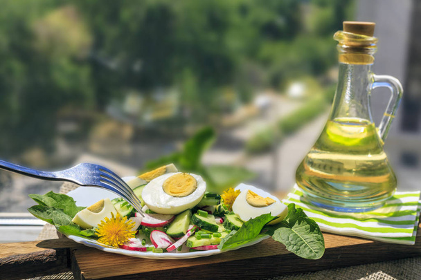 Salát z pampelišek, zdravé jarní salát z mladých listů pampelišky, okurka, ředkev a vejce na talíř closeup - Fotografie, Obrázek