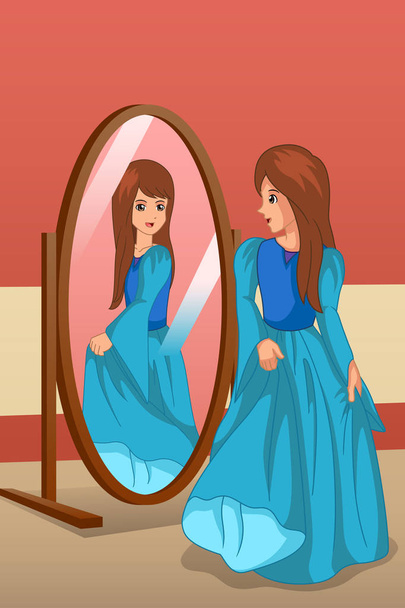 Una ilustración vectorial de Girl Wearing a Dress Looking at Mirror
 - Vector, imagen