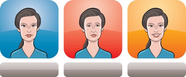 Vector illustration of beautiful woman face in three expressions: neutral, sad and happy - head and shoulders composition. Layered vector EPS10 format file. - Vector, Image