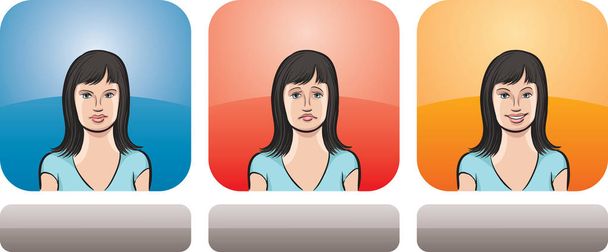 Vector illustration of dark haired woman face in three expressions: neutral, sad and happy - head and shoulders composition. Layered vector EPS10 format file. - Vector, Image