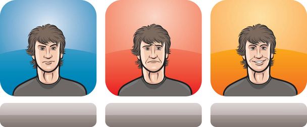 Vector illustration of hairy guy face in three expressions: neutral, sad and happy - head and shoulders composition. Layered vector EPS10 format file. - Vector, Image
