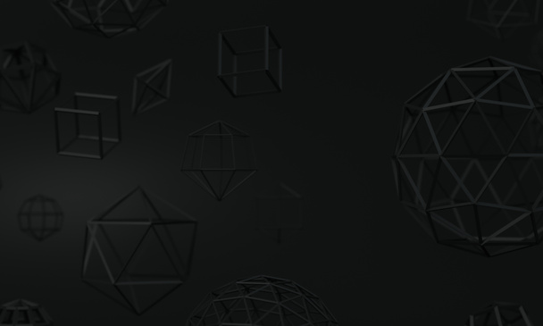 3D απεικόνιση. Σκούρο γκρι φόντο με αφηρημένα γεωμετρικά σχήματα στο χώρο - Φωτογραφία, εικόνα