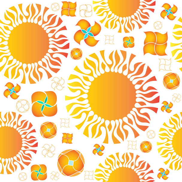 Векторный бесшовный рисунок оранжевых солнц и декоративных элементов на белом фоне. Весёлый солнечный узор для ткани, обоев, оберточной бумаги, карт
. - Вектор,изображение