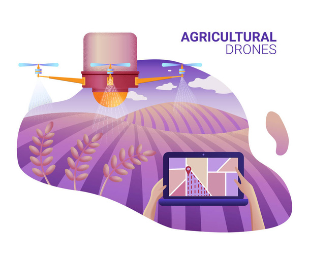 Drone o quadcopter para Agricultura. Drone volar sobre el campo y hace pulverización o riego. Manos controlando el dron a través de computadora portátil
. - Vector, Imagen