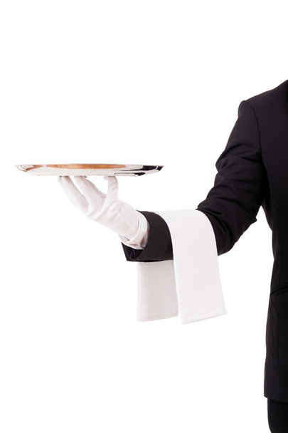 Camarero profesional sosteniendo un plato vacío. Aislado en bac blanco
 - Foto, imagen