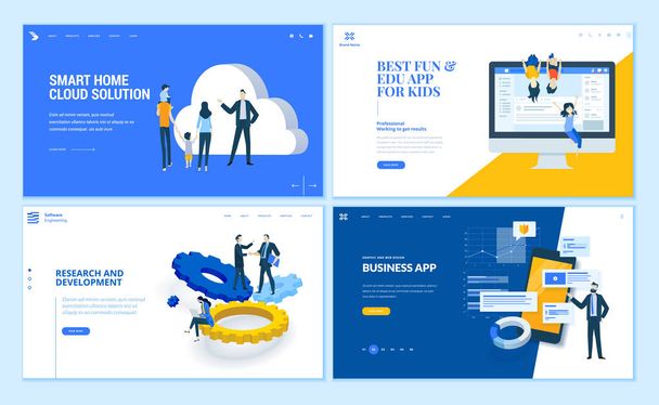 Set of flat design web page templates of business apps, research and development, home cloud solution, kids apps. Modern vector illustration concepts for website and mobile website development.  - Vector, Image
