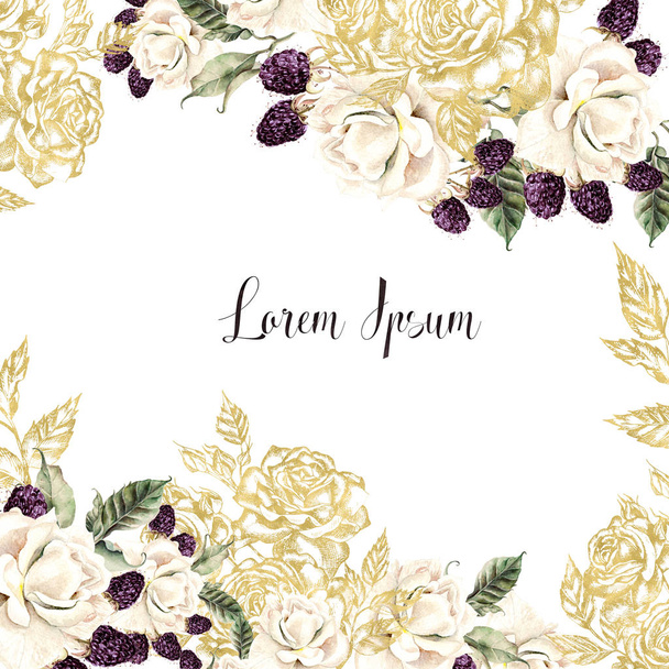 Wedding cards with golden graphic and watercolor flowers and berries.  - Photo, Image