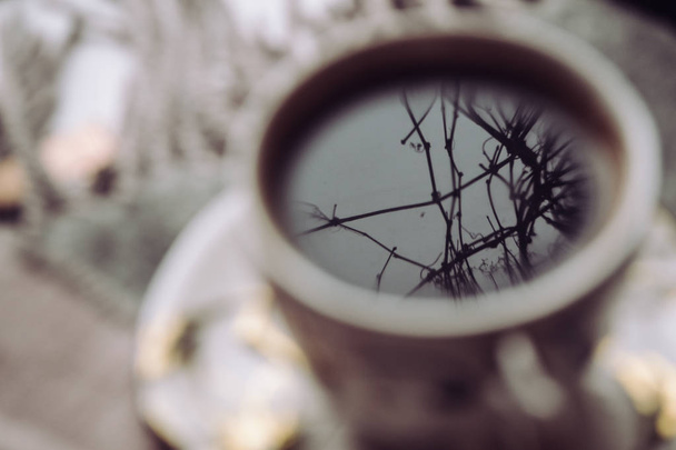 Reflexão da natureza em uma xícara com café. Macro shot. Fundo desfocado
. - Foto, Imagem
