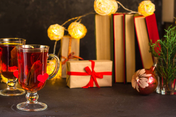 Tea and festive atmosphere (heart and love) Hot Beverages on the table. Copy space. - Photo, Image