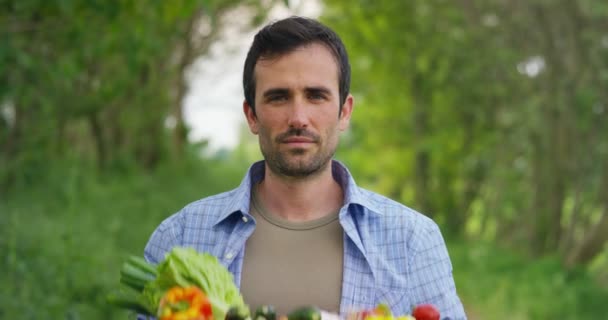 βίντεο του όμορφου αγρότη στην ύπαιθρο δείχνοντας καλάθι με λαχανικά συγκομιδής  - Πλάνα, βίντεο