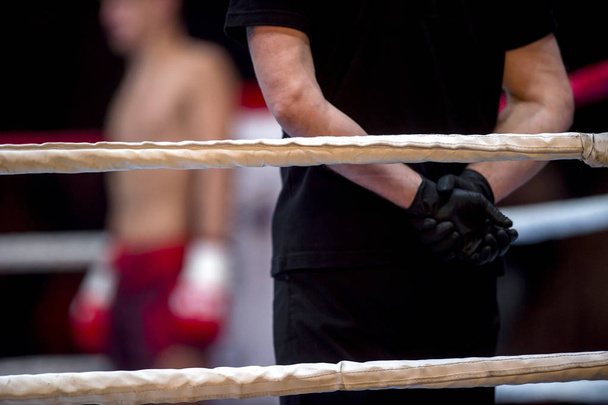 Box, lana k ringu a rozhodčí v černých šatech v kruhu dva bojovníci Mma, boxu bojová umění konkurence - Fotografie, Obrázek