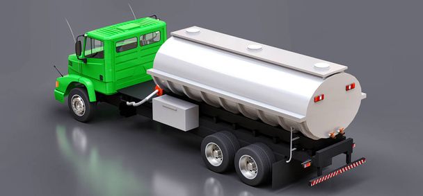 Grote groene vrachtwagen tanker met een gepolijste metalen aanhangwagen. Uitzicht vanaf alle kanten. 3D illustratie - Foto, afbeelding
