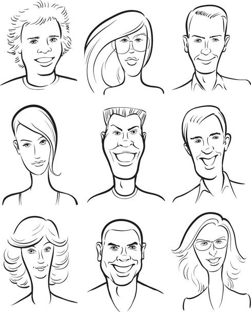 dibujo de pizarra blanca - sonriendo hombres y mujeres se enfrenta a la colección
 - Vector, Imagen