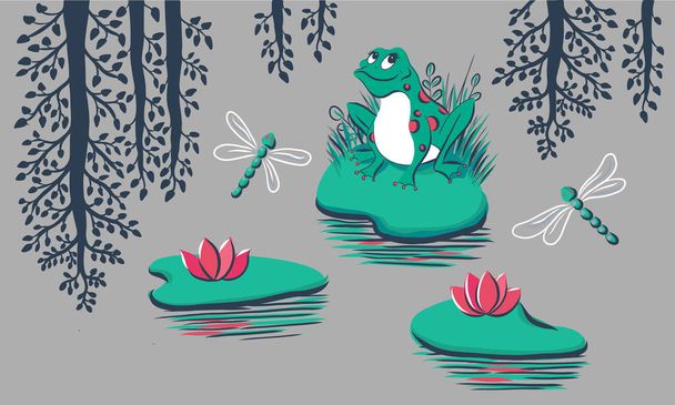Pattern with frog, water lily, dragonfly, tree reflection on grey background - Vector, Image