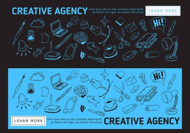 Creative Agency Office Web Banner Design met artistieke Cartoon Hand getekende schetsmatig lijnwerk tekeningen illustraties van essentiële gerelateerde objecten van elke dag werken dingen en Tools. Vectorafbeelding. - Vector, afbeelding