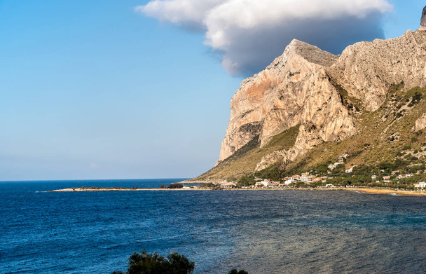 View of the Capo Gallo mount and gulf of Sferracavallo on Mediterranean sea in province of Palermo, Sicily. - Photo, image