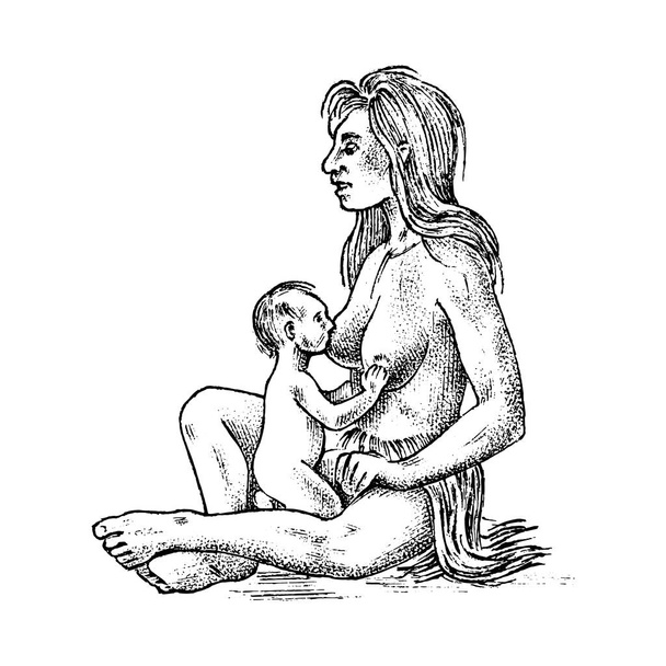 Primitive people. Prehistoric period, ancient tribe, cave barbarian woman with a child. Hand drawn sketch. Engraved monochrome illustration. - Vector, Image