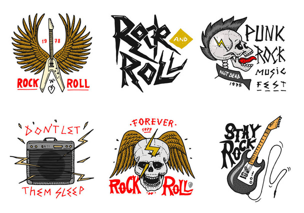 Ensemble de symboles de musique Rock and Roll avec guitare, ailes et crâne. étiquettes, logos. Modèles en métal lourd pour t-shirt design, soirée et festival. Tiré à la main. Croquis gravé
. - Vecteur, image