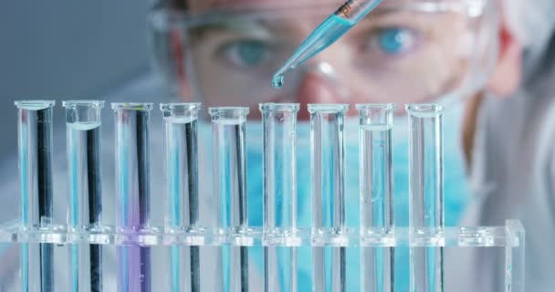 In a laboratory, a scientist with a pipette analyzes a colored liquid to extract the DNA and molecules in the test tubes. Concept: research, biochemistry, nature, pharmaceutical medicine - Imágenes, Vídeo