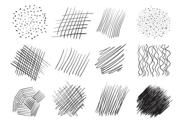 行の配列と背景。複雑な混沌としたテクスチャ。波状の背景。手には、もつれたパターンが描画されます。黒と白のイラスト。ポスターやチラシの要素 - ベクター画像