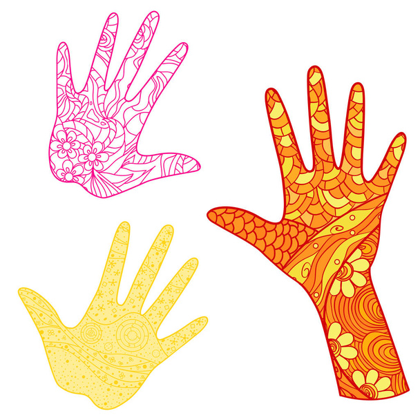 Hands with abstract colored patterns on isolation background. Design for spiritual relaxation for adults. Zen art. Doodles for banners, posters, t-shirts and textiles - Vektor, Bild