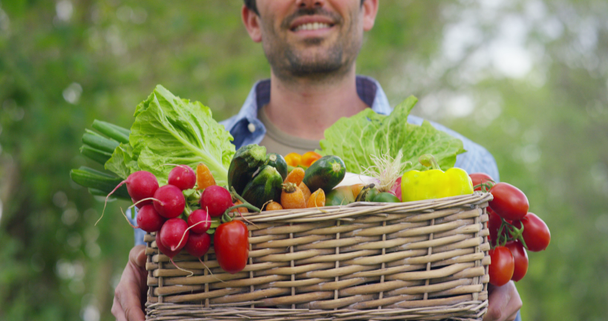 видео красивого фермера в сельской местности, показывающего корзину с овощами
  - Кадры, видео