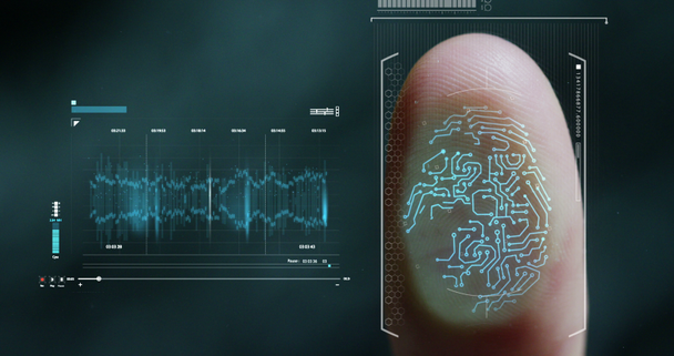 macro video van vingerafdruk, vinger aanraken hologram met analyse grafiek - Video