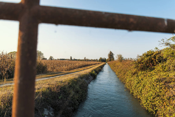 Ponte sobre um canal de irrigação da Lomellina ao pôr-do-sol
 - Foto, Imagem