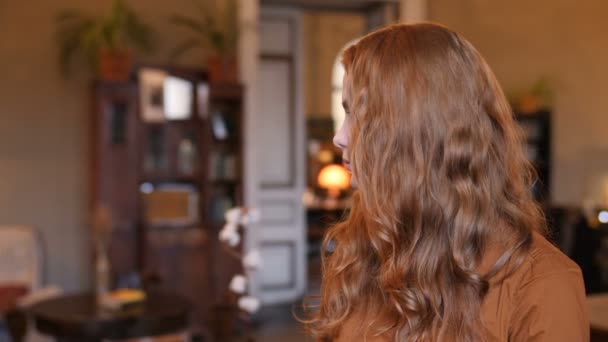 Young Red Hair Caucasian Woman Face Portrait In Cafe - Felvétel, videó