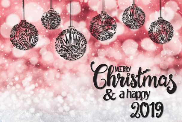 Ball, Calligraphy Merry Christmas And A Happy 2019, Dark Red Background - Φωτογραφία, εικόνα